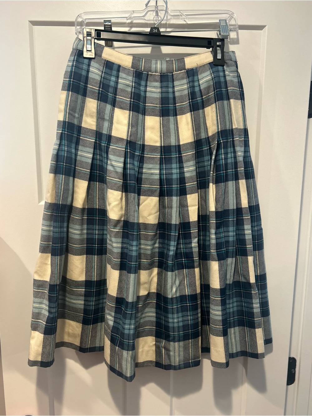 Vintage Wool Pleated Plaid A-Line Skirt in Cream and Blue